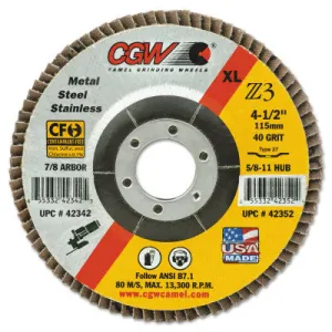 CGW Abrasives Premium Z3 XL T27 Flap Disc, 4-1/2 in dia, 36 Grit, 7/8 Arbor, 13,300 RPM, 42341