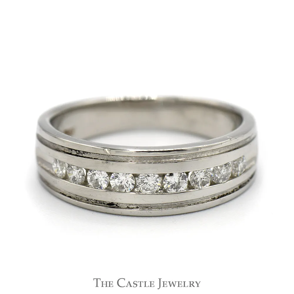 Channel Set Diamond Wedding Band with Grooved Detail in Platinum