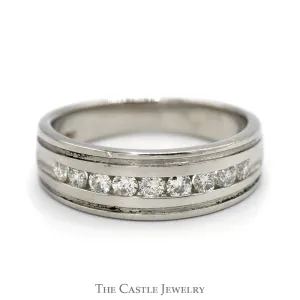 Channel Set Diamond Wedding Band with Grooved Detail in Platinum