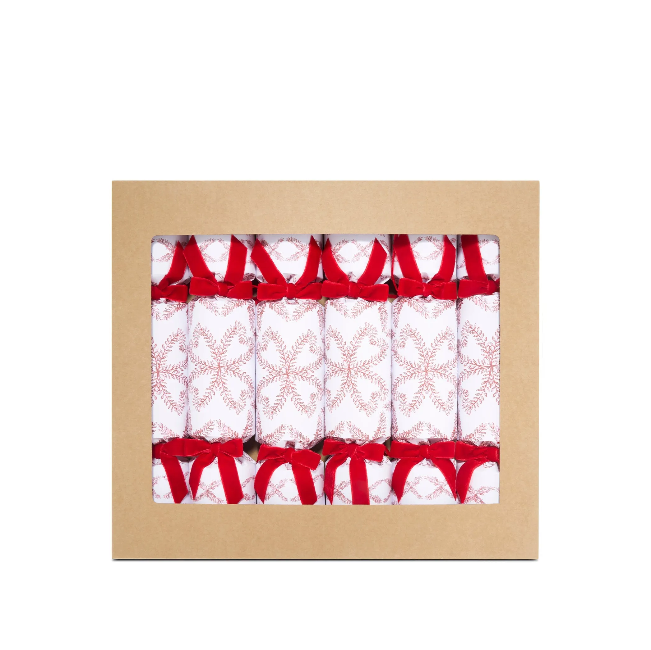 Christmas Crackers with 'Amour Bonheur' Print and Red Velvet Bows, Box of 6 (UK ONLY)