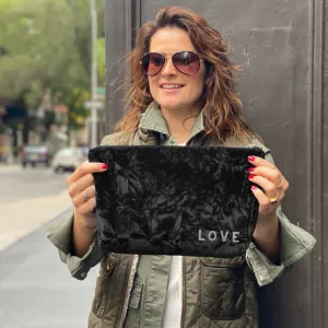 Clutch in Black Crushed Velvet with Silver Glitter Mini LOVE