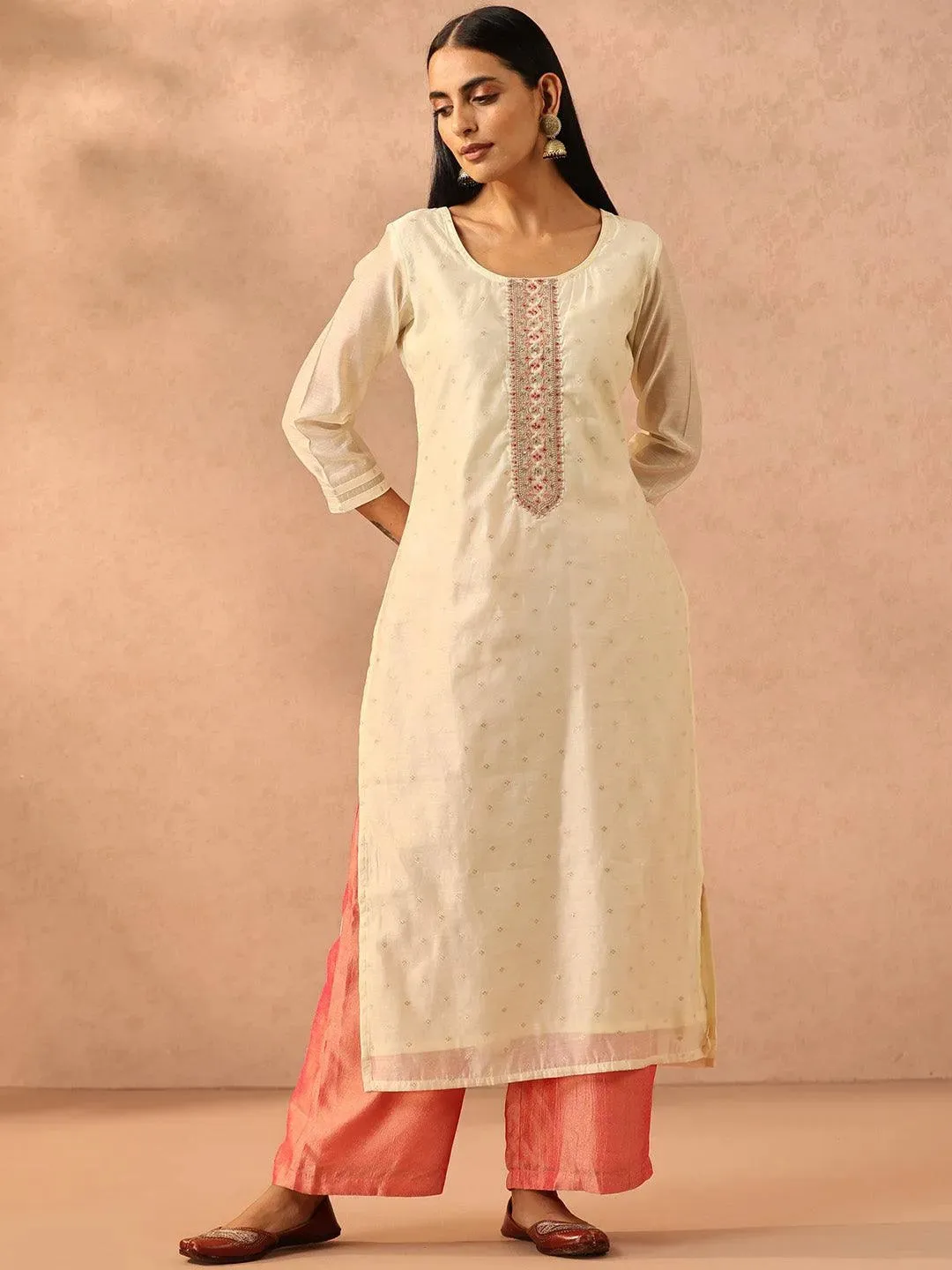 Cream Embellished Chanderi Silk Straight Kurta