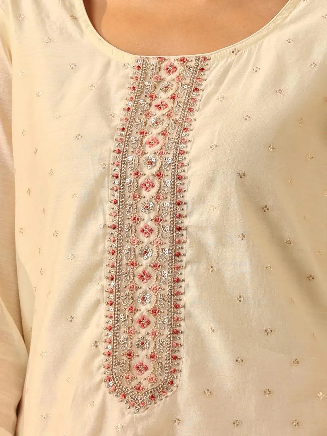 Cream Embellished Chanderi Silk Straight Kurta