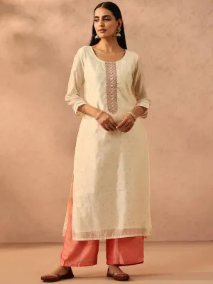 Cream Embellished Chanderi Silk Straight Kurta