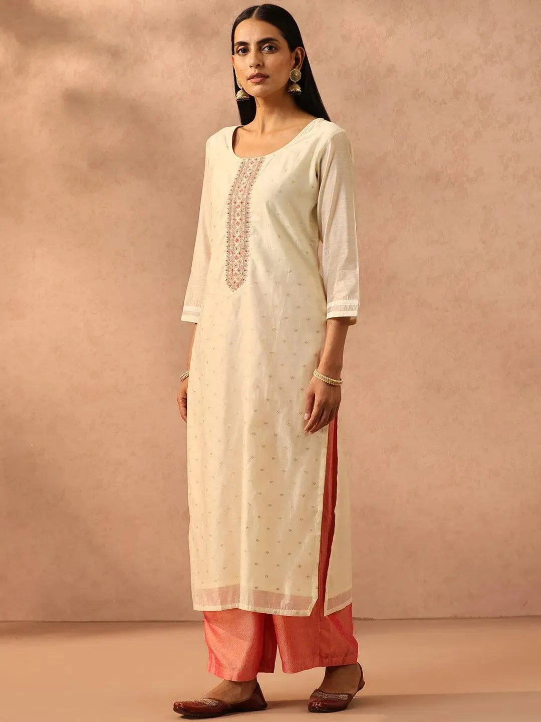 Cream Embellished Chanderi Silk Straight Kurta