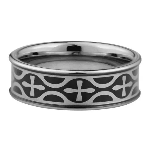 Crosses crafted with Laser on Tungsten ring with 18K black IP plating - 8mm wide