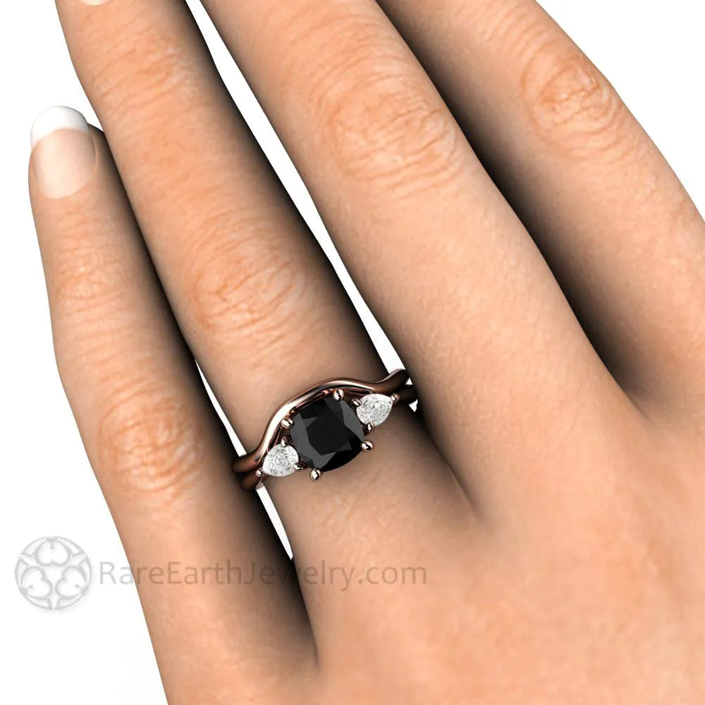 Cushion Cut Black Diamond Engagement Ring Three Stone