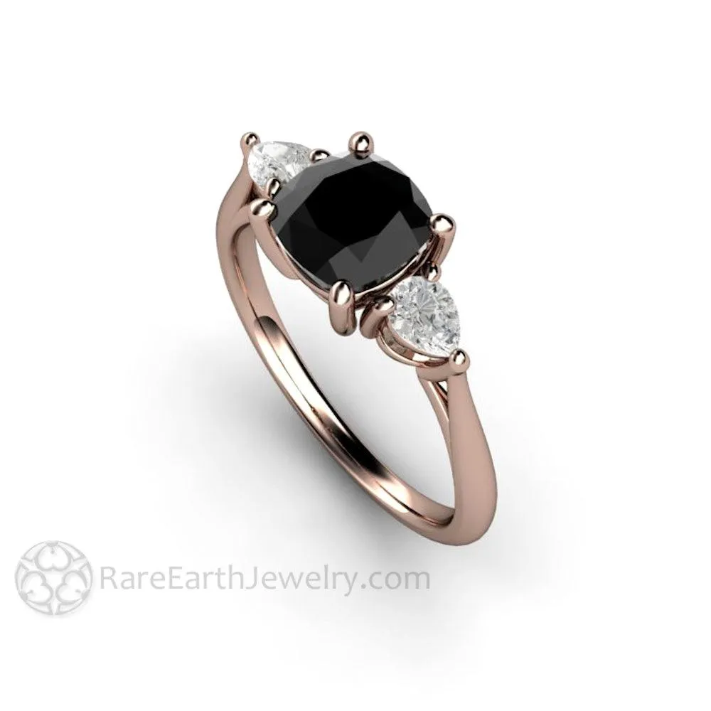 Cushion Cut Black Diamond Engagement Ring Three Stone