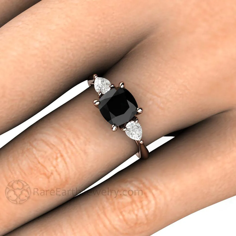 Cushion Cut Black Diamond Engagement Ring Three Stone