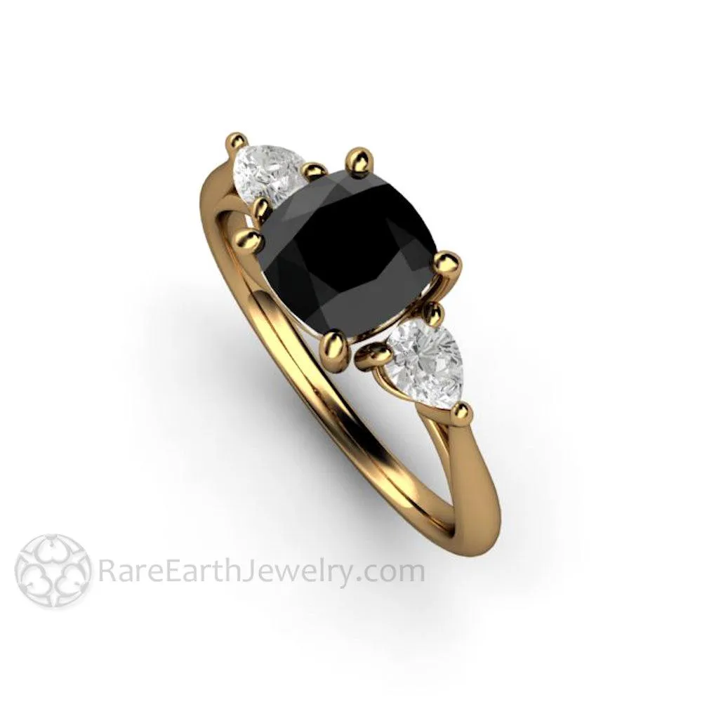 Cushion Cut Black Diamond Engagement Ring Three Stone