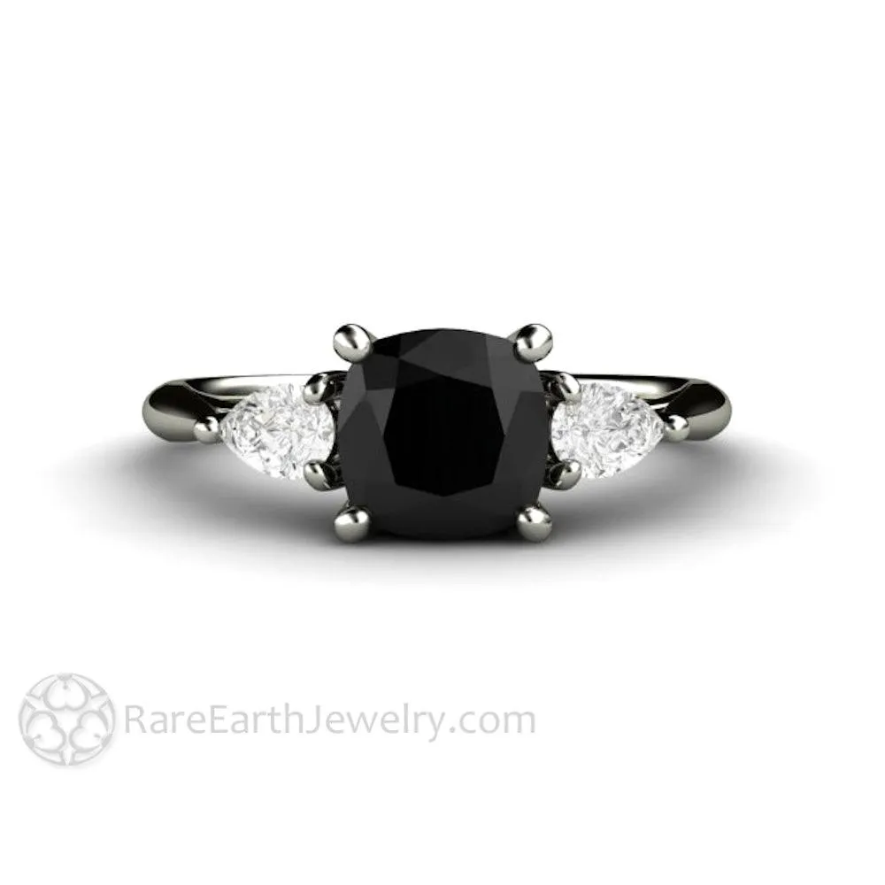 Cushion Cut Black Diamond Engagement Ring Three Stone