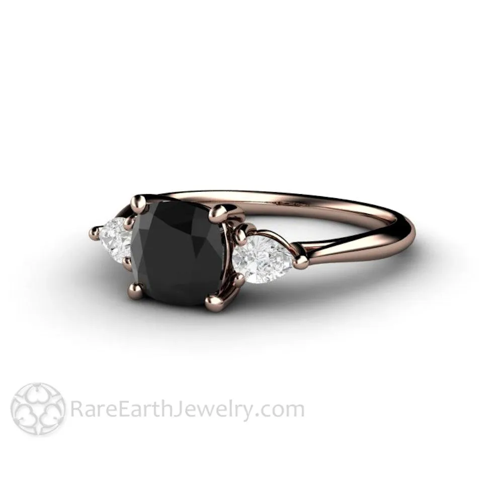 Cushion Cut Black Diamond Engagement Ring Three Stone