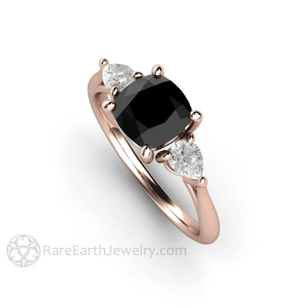 Cushion Cut Black Diamond Engagement Ring Three Stone