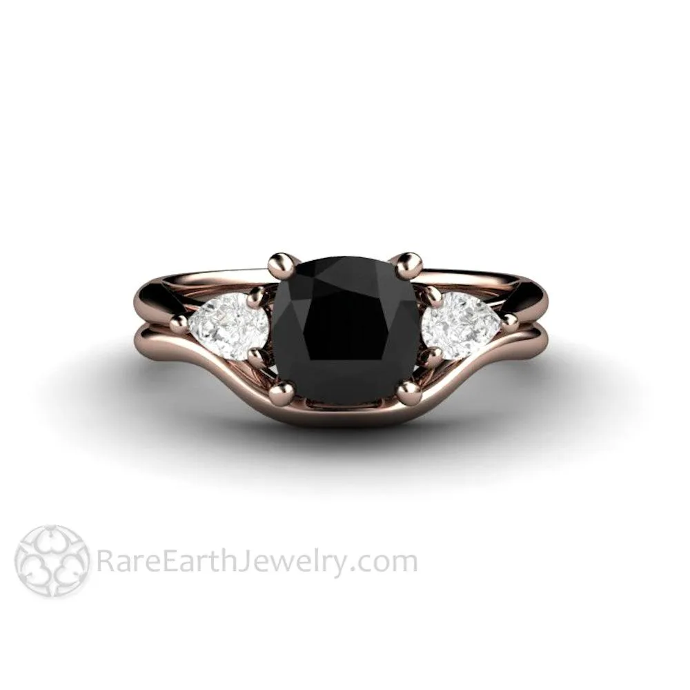 Cushion Cut Black Diamond Engagement Ring Three Stone