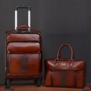 Customized "NATIONAL EMBLEM OF INDIA" Brown Laser Leather Combo of Strolley Bag & Laptop Office Briefcase By Brune & Bareskin