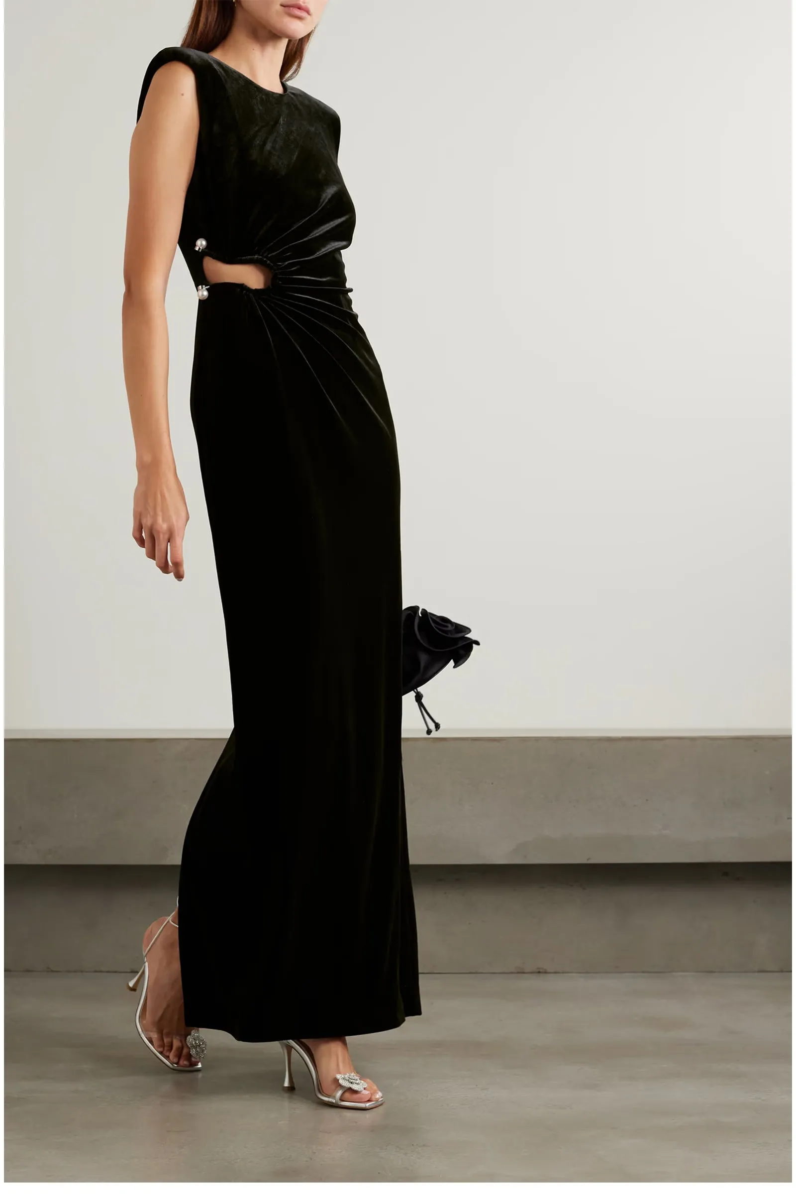 Cutout Gathered Faux Pearl-embellished Velvet Gown