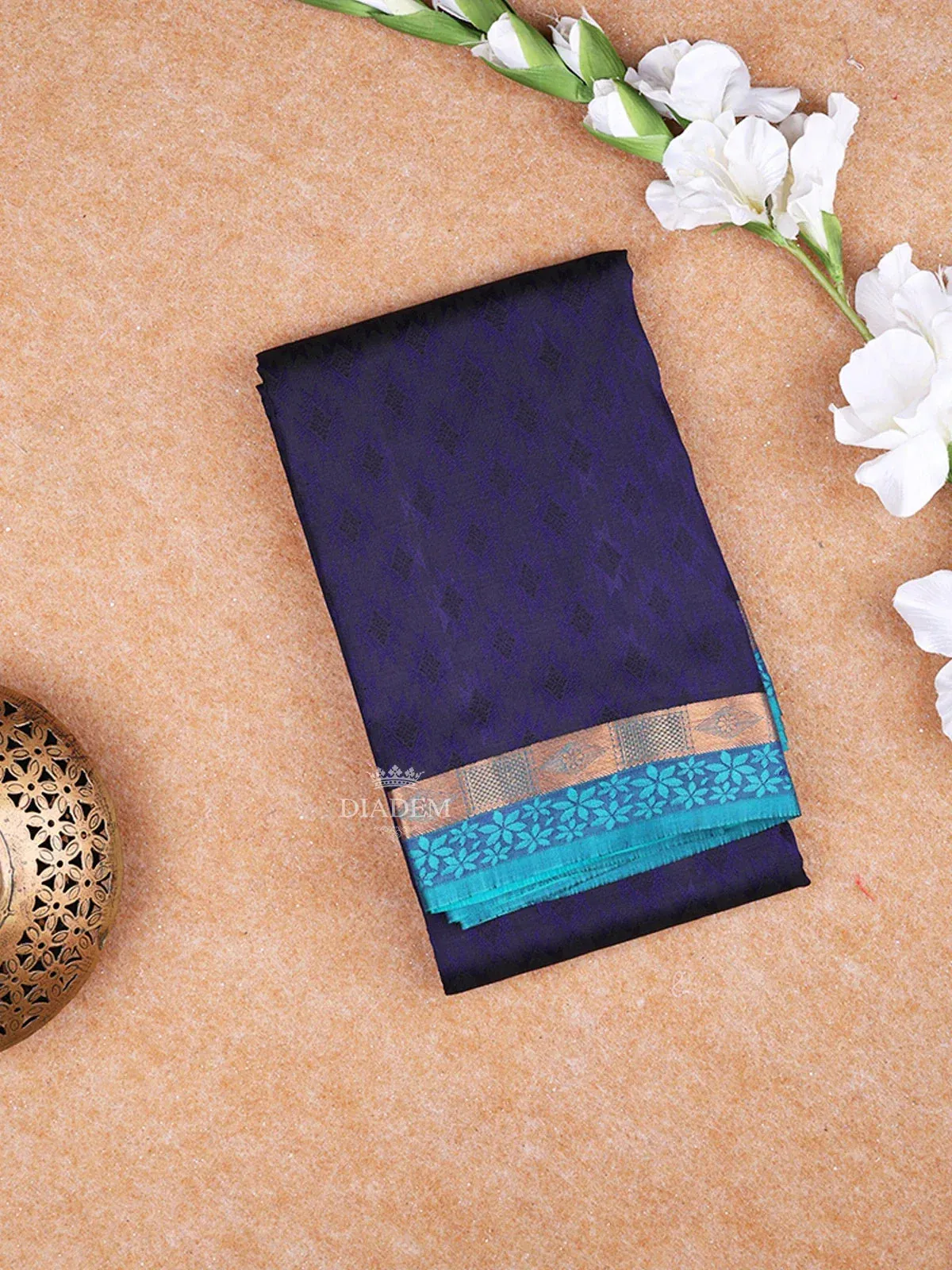 Dark Blue Pure Kanchipuram Bridal Silk Saree with Ikat Design on the Body with Zari Border