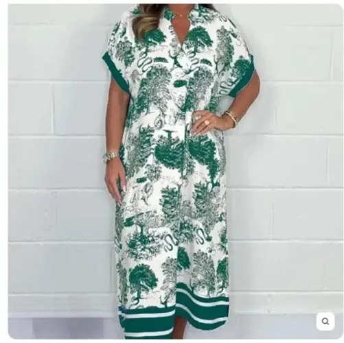 DEANWAQNGKT  Cross-Border New Arrival European and American  Independent Station Summer Women's Printed Loose Printed Short Sleeve Dress