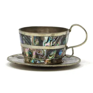 Demitasse & Saucer, Abalone Shell Mosaic Inlay on Alpaca Silver, Vintage