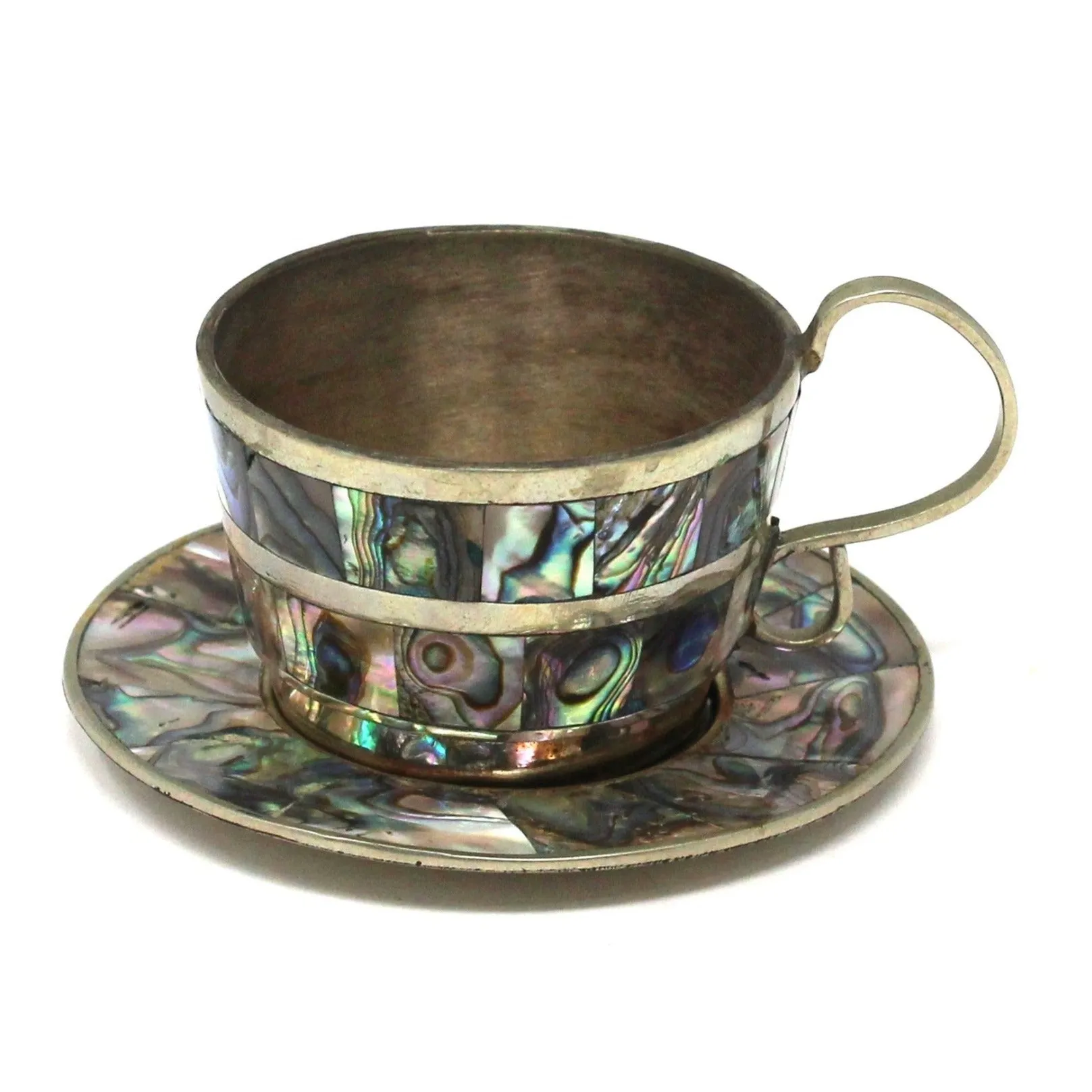 Demitasse & Saucer, Abalone Shell Mosaic Inlay on Alpaca Silver, Vintage