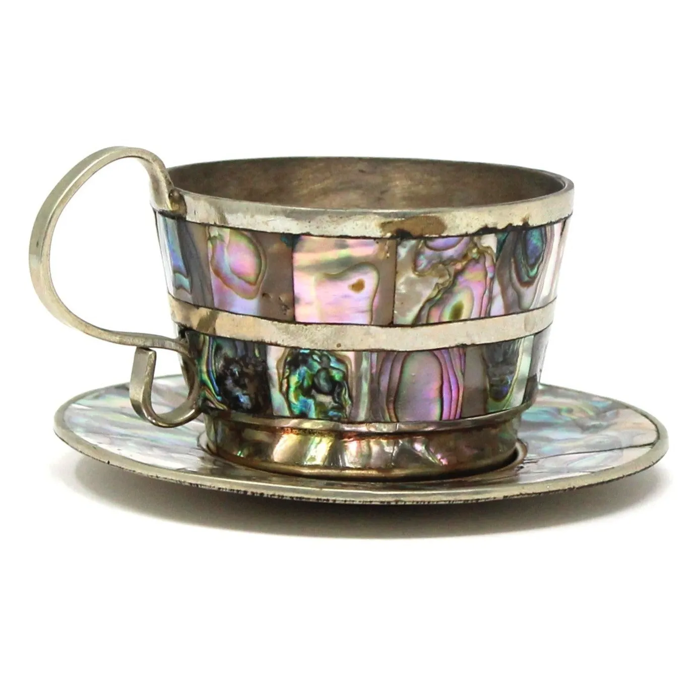 Demitasse & Saucer, Abalone Shell Mosaic Inlay on Alpaca Silver, Vintage