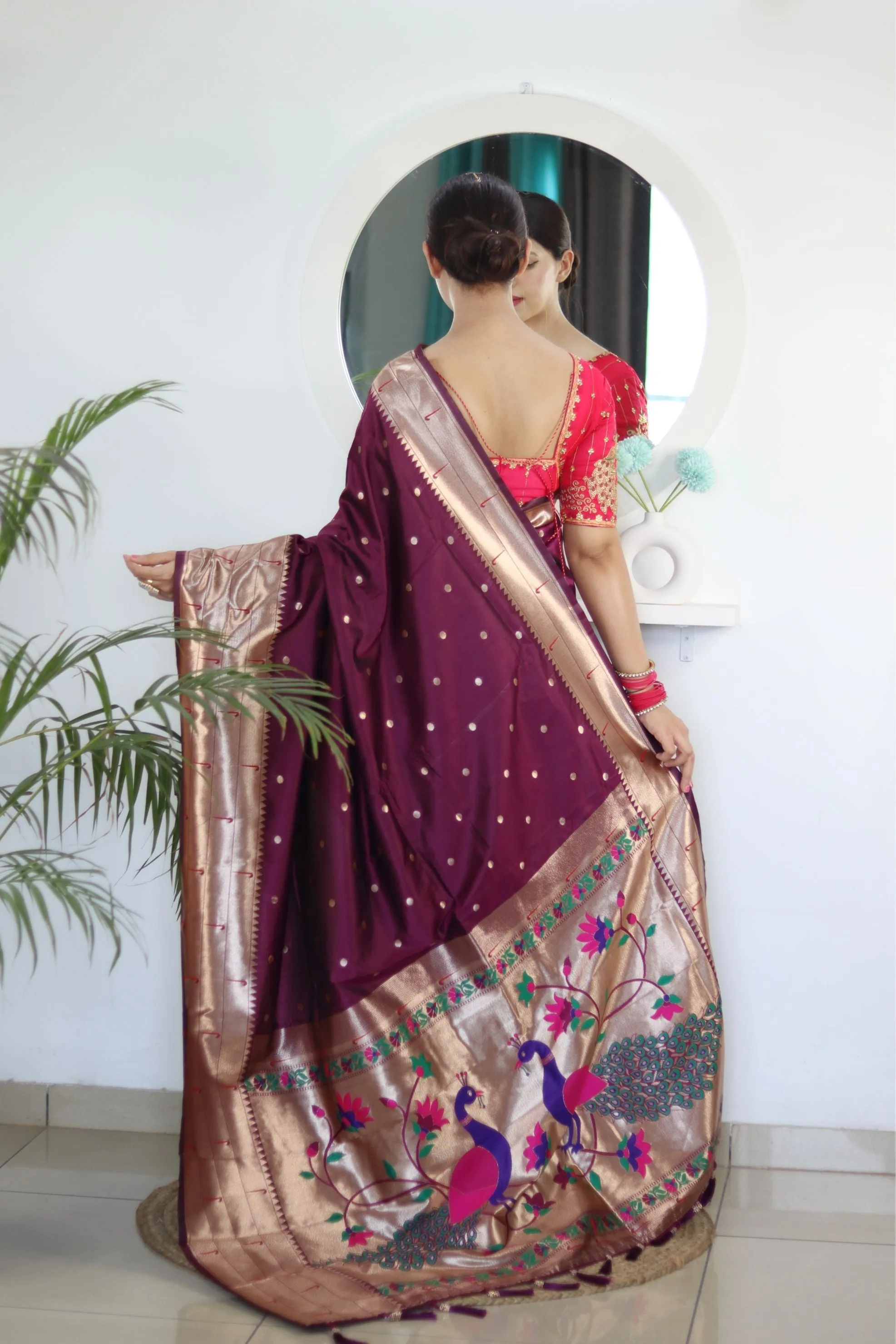 Desiring Wine Paithani Silk Saree With Sempiternal Blouse Piece