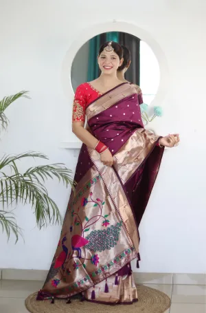 Desiring Wine Paithani Silk Saree With Sempiternal Blouse Piece