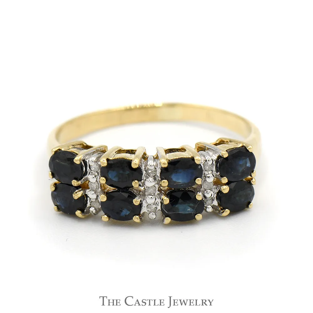 Double Row Oval Sapphire & Round Diamond Cluster Band in 14k Yellow Gold