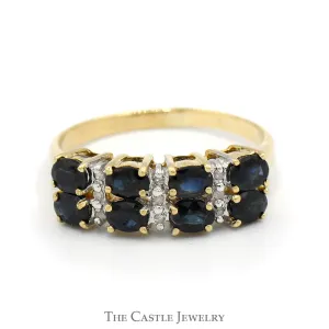 Double Row Oval Sapphire & Round Diamond Cluster Band in 14k Yellow Gold