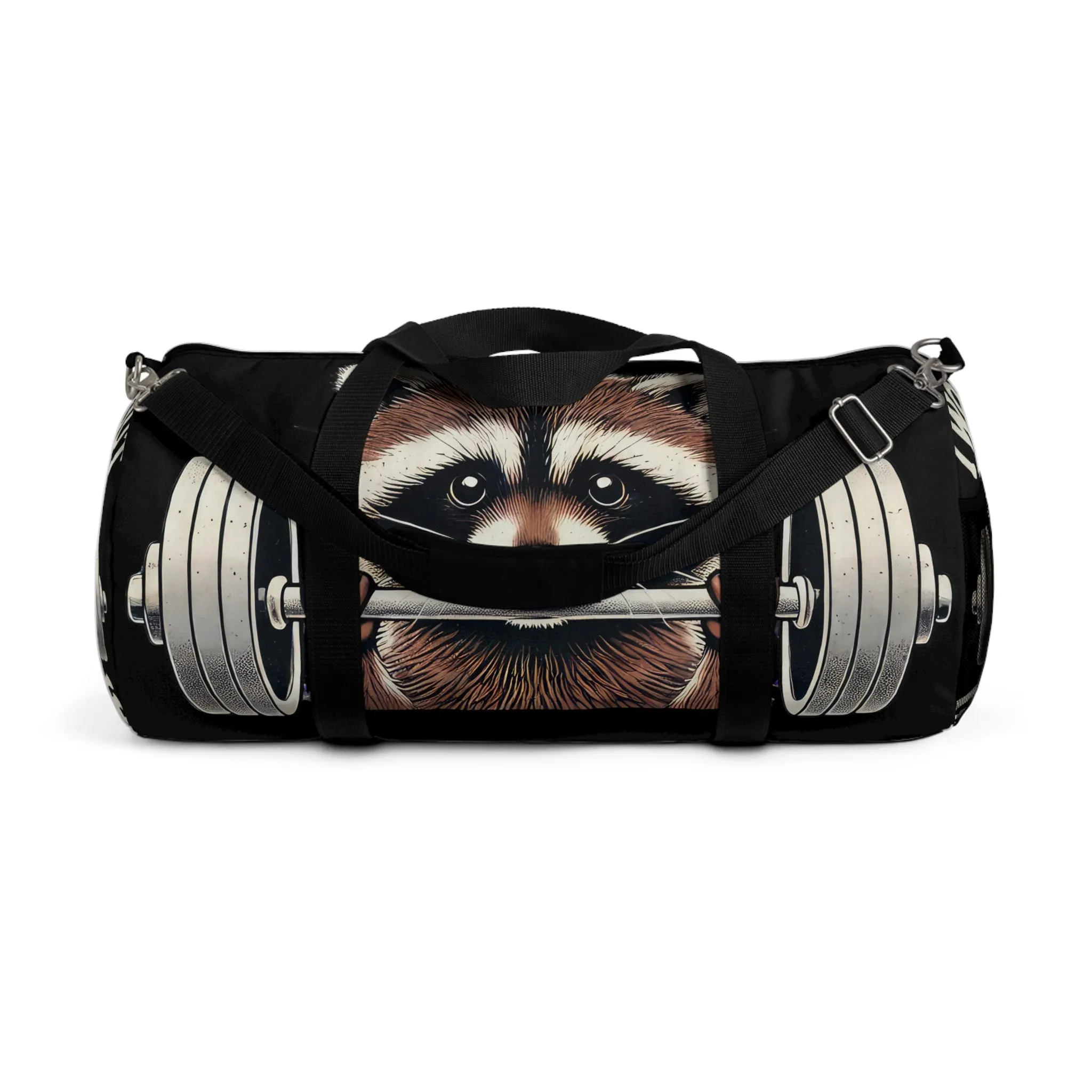 Duffel Bag: 'I WORK OUT' Raccoon Weightlifting