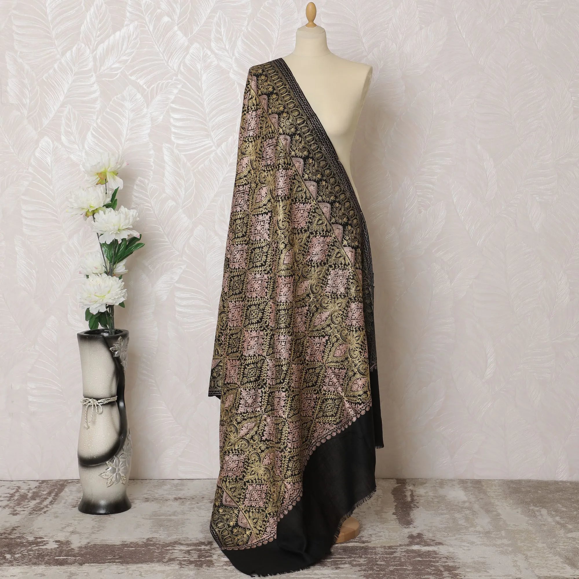 Ebony and Gold Pashmina Shawl Dupatta - Opulent Weave, 215x115cm - Buy Online-D18068