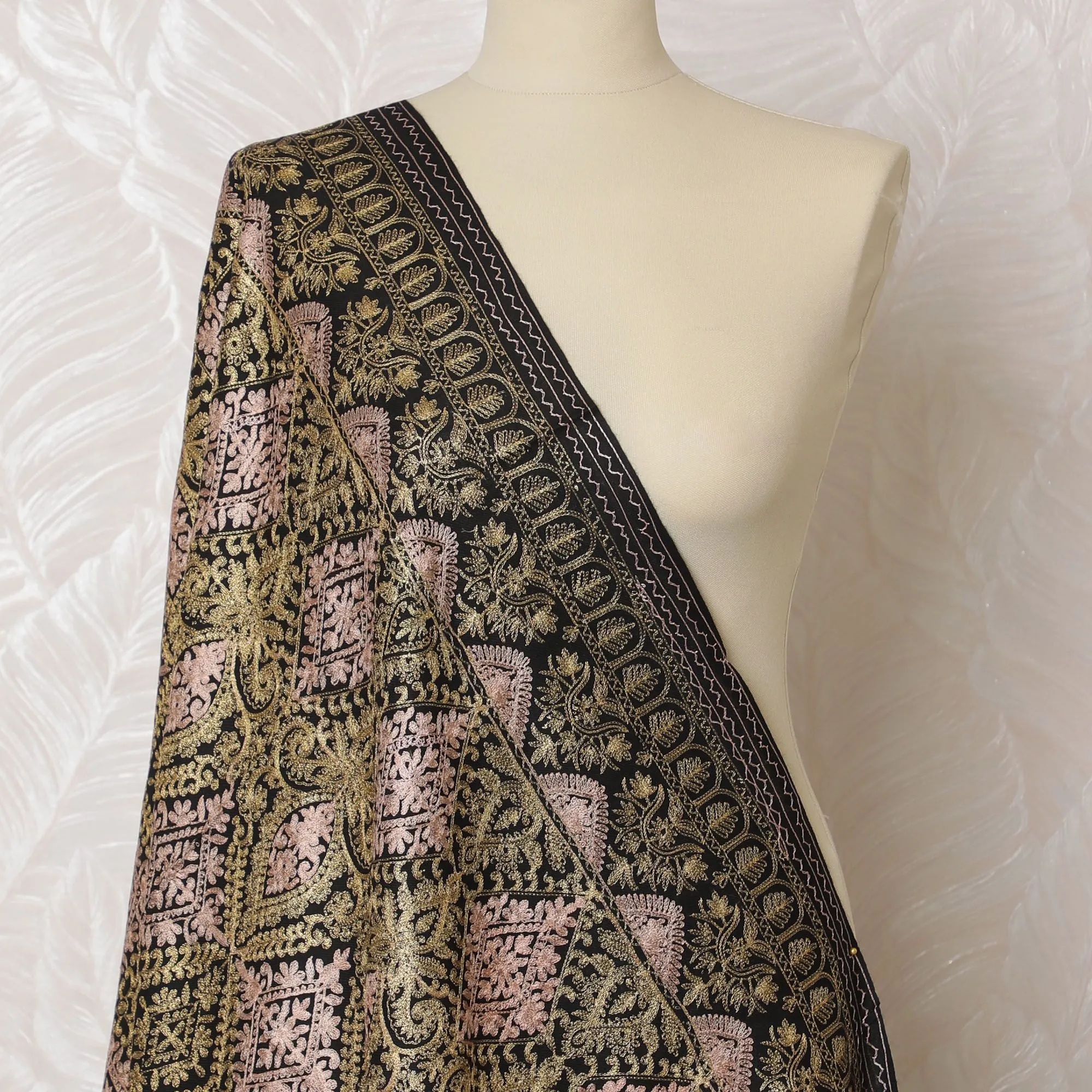 Ebony and Gold Pashmina Shawl Dupatta - Opulent Weave, 215x115cm - Buy Online-D18068