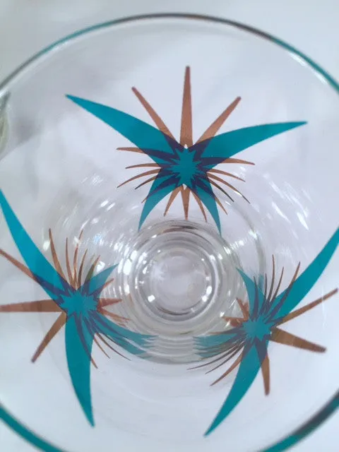 Federal Glass Inca Mid-Century Atomic Turquoise and 22-Karat Gold Starburst Glasses (Set of 6)