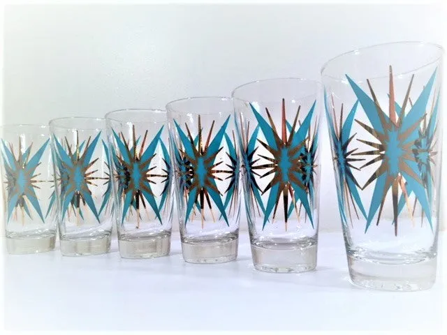 Federal Glass Inca Mid-Century Atomic Turquoise and 22-Karat Gold Starburst Glasses (Set of 6)