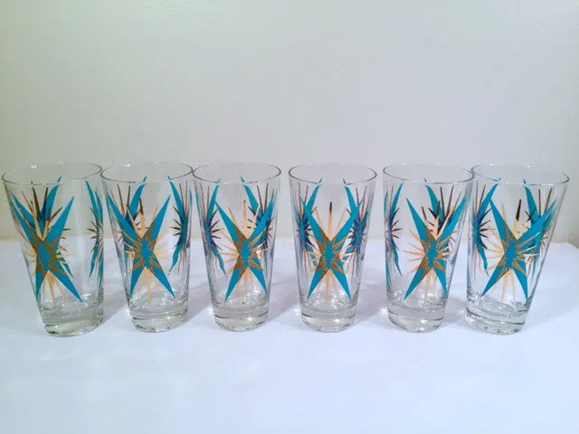 Federal Glass Inca Mid-Century Atomic Turquoise and 22-Karat Gold Starburst Glasses (Set of 6)