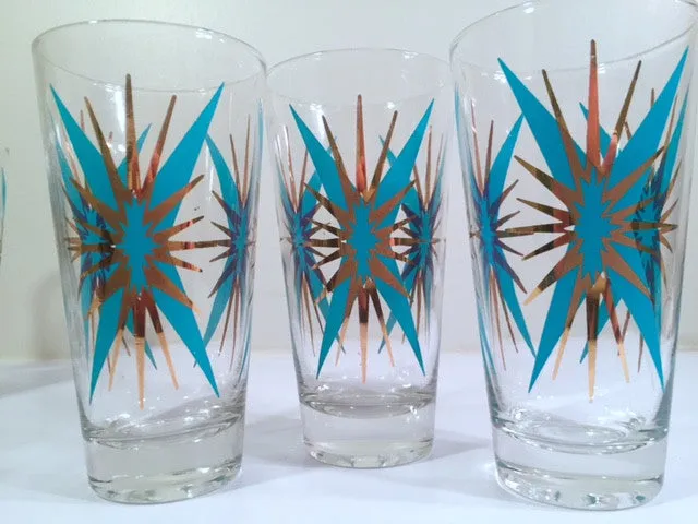 Federal Glass Inca Mid-Century Atomic Turquoise and 22-Karat Gold Starburst Glasses (Set of 6)