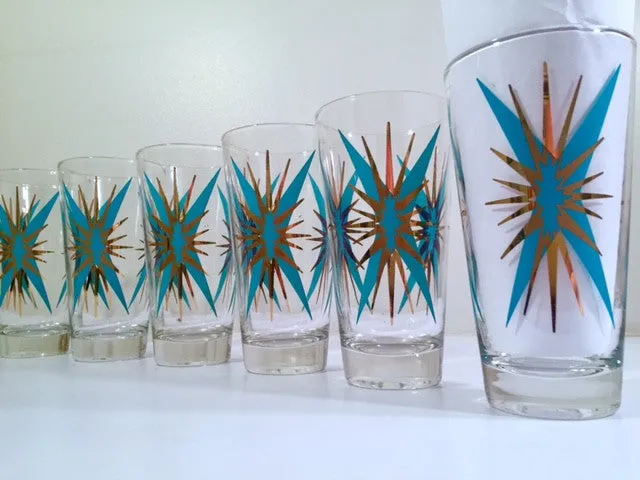 Federal Glass Inca Mid-Century Atomic Turquoise and 22-Karat Gold Starburst Glasses (Set of 6)