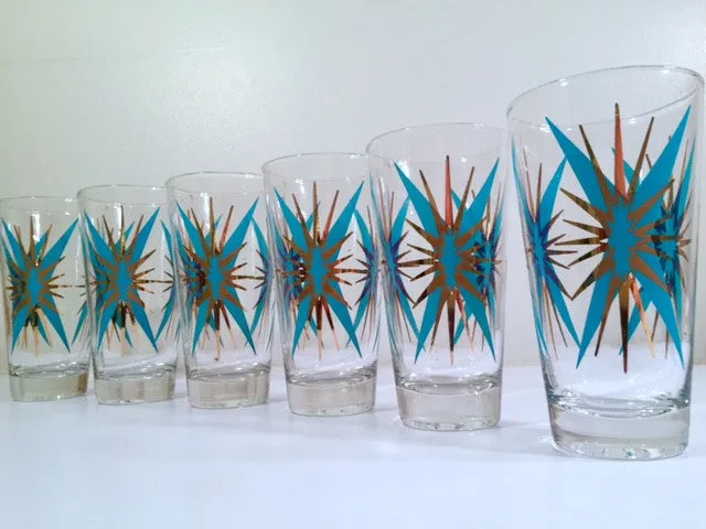 Federal Glass Inca Mid-Century Atomic Turquoise and 22-Karat Gold Starburst Glasses (Set of 6)