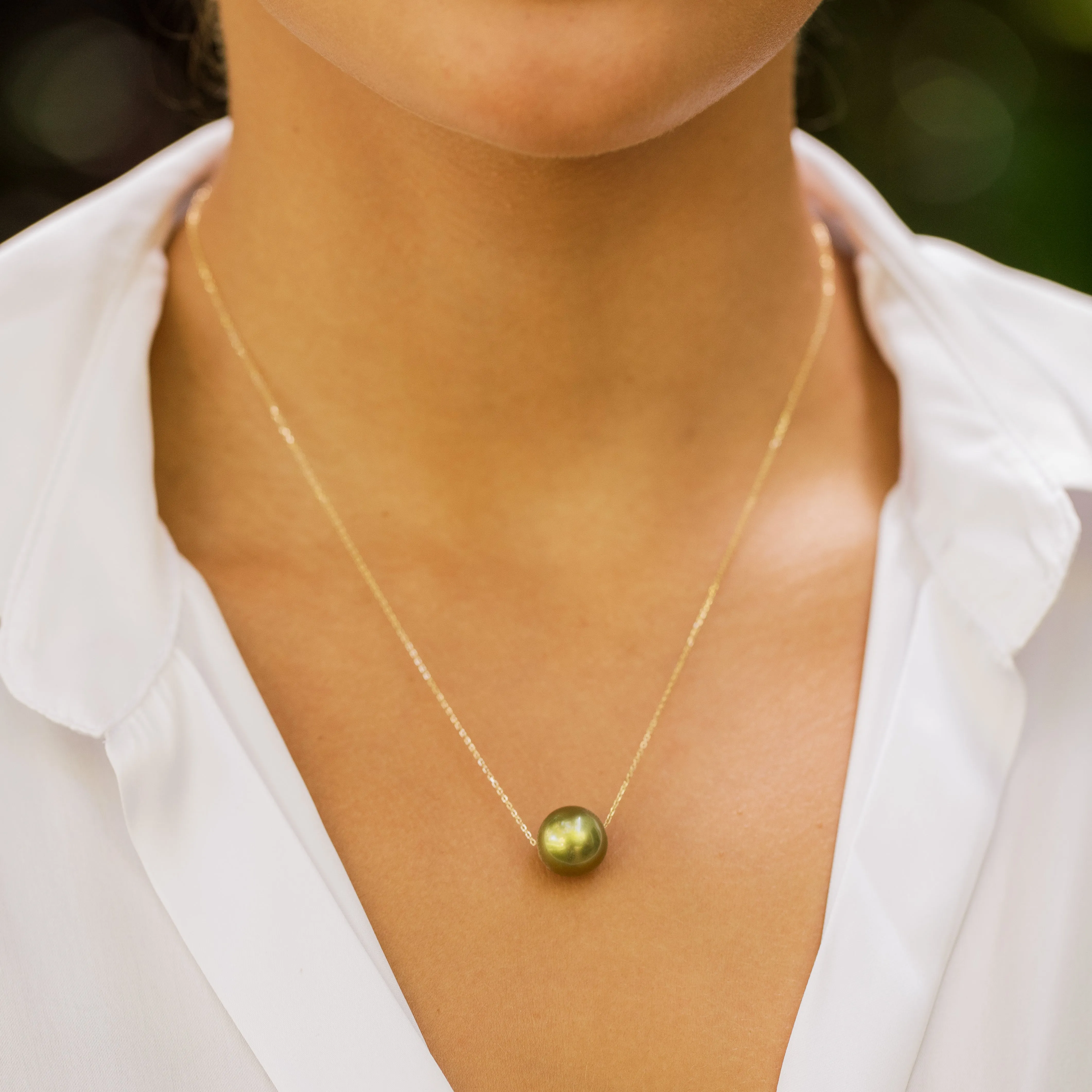 Floating Pistachio Tahitian Pearl Necklace 14kt Gold