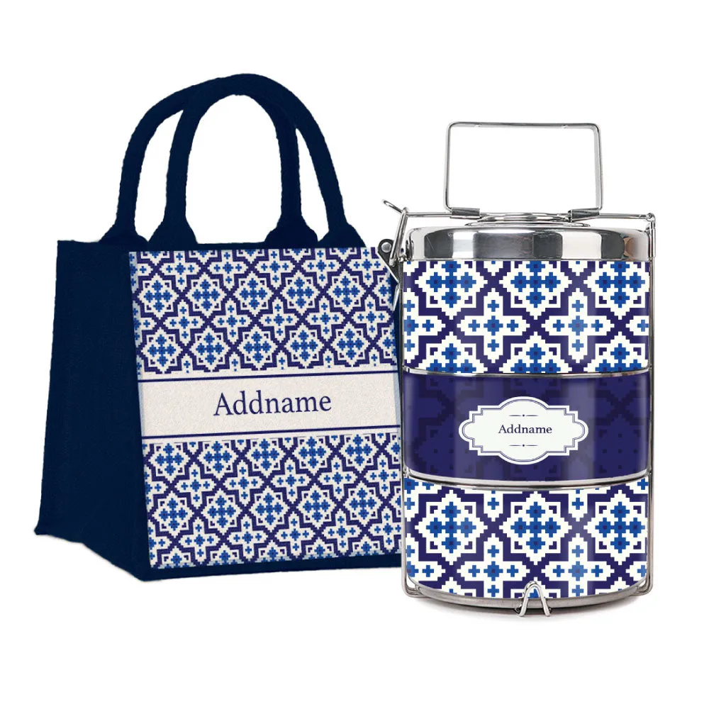 Flora Motif Moroccan & Mosaic Series 3-Tier Premium Small 11.5cm Tiffin Carrier [FREE Custom Add Name]