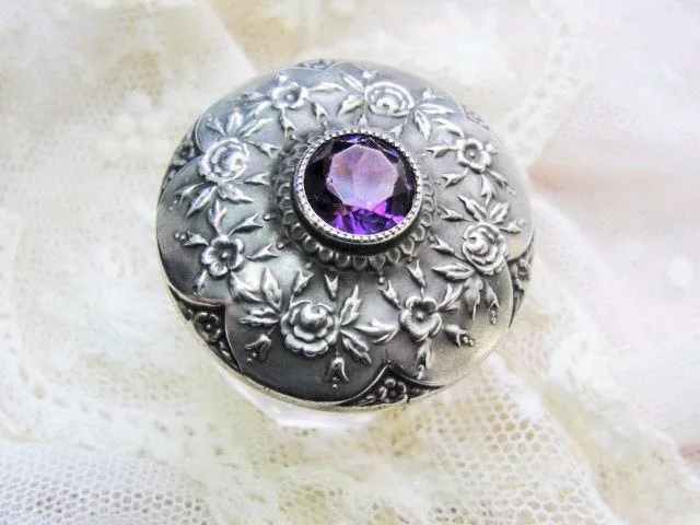 GORGEOUS Repousse ROSES Antique Sterling Silver Amethyst Gem Stone Top Cut Glass Vanity Dresser Cosmetic Jar Decorative Boudoir Collectible