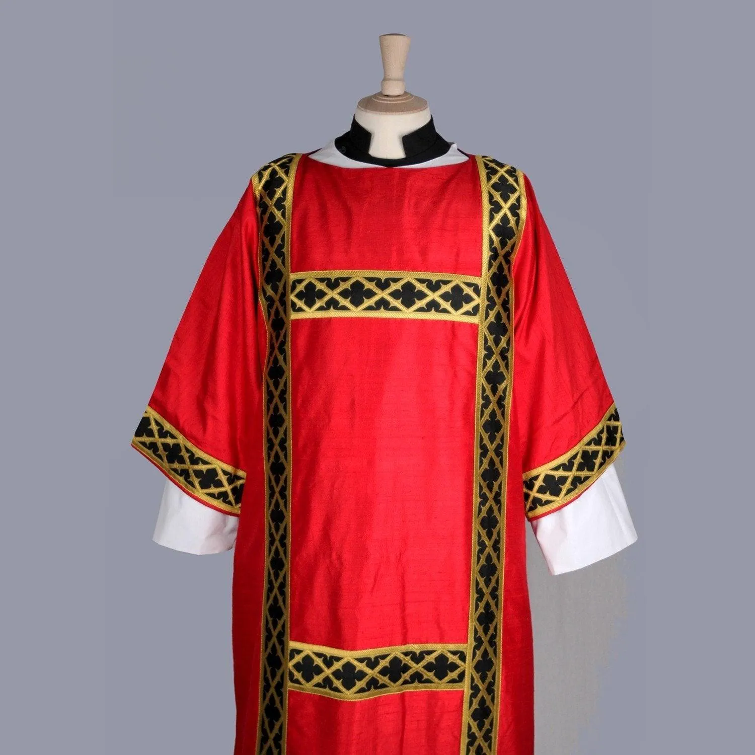 Gothic Dalmatic in Tartan Red Dupion Silk with Black/Gold 'Gothic Trellis' Orphreys