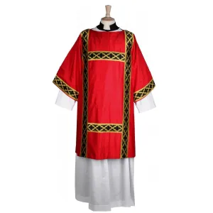 Gothic Dalmatic in Tartan Red Dupion Silk with Black/Gold 'Gothic Trellis' Orphreys