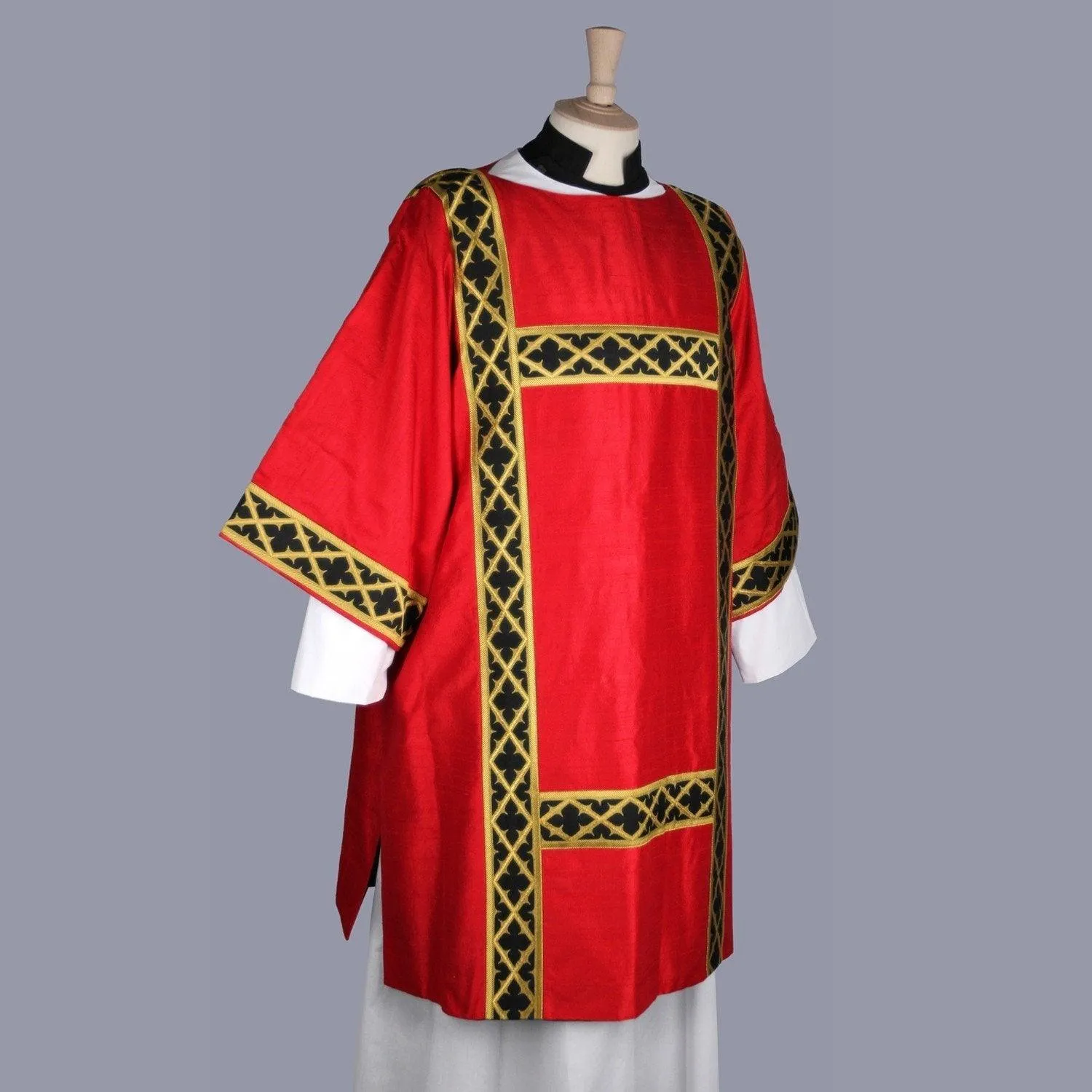 Gothic Dalmatic in Tartan Red Dupion Silk with Black/Gold 'Gothic Trellis' Orphreys