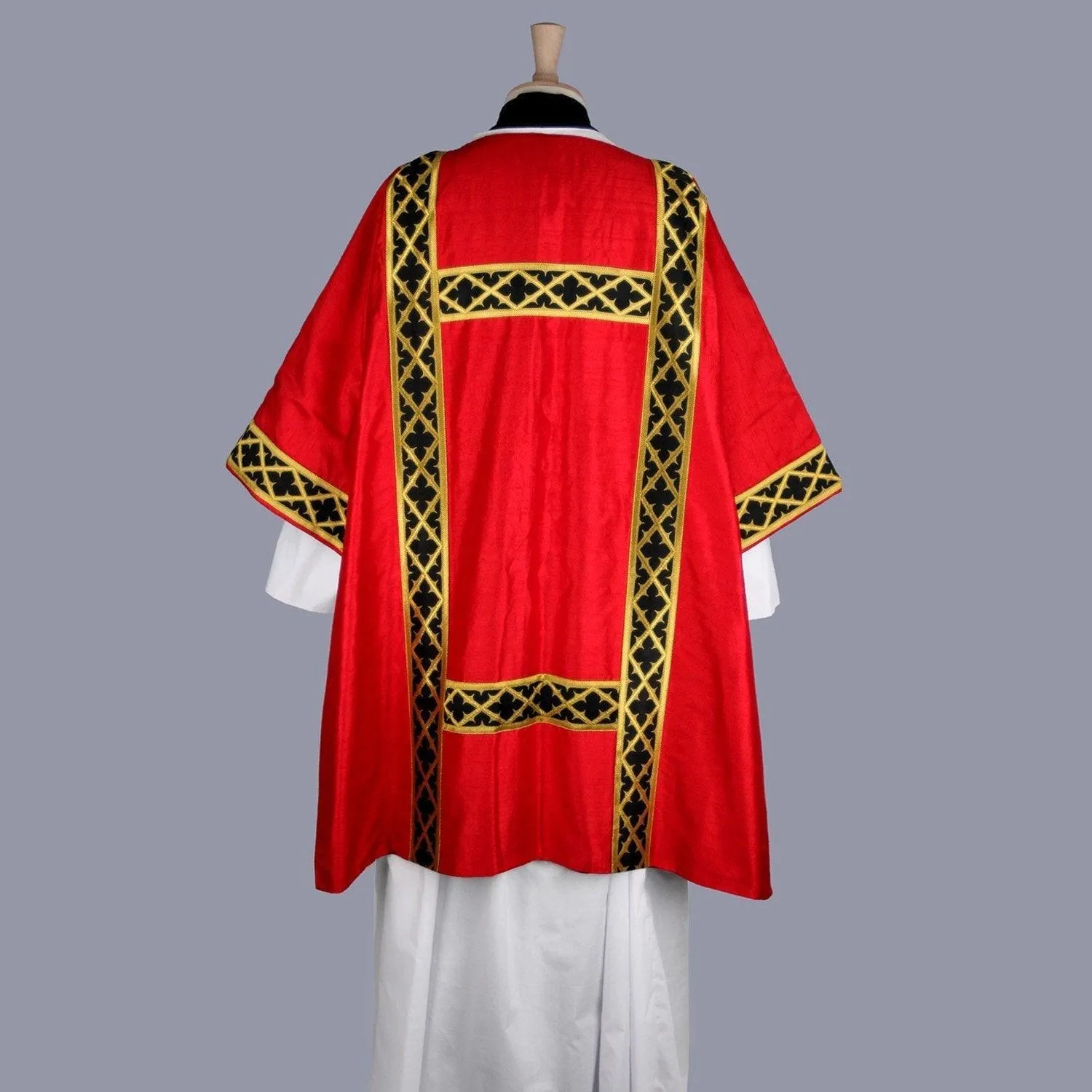 Gothic Dalmatic in Tartan Red Dupion Silk with Black/Gold 'Gothic Trellis' Orphreys