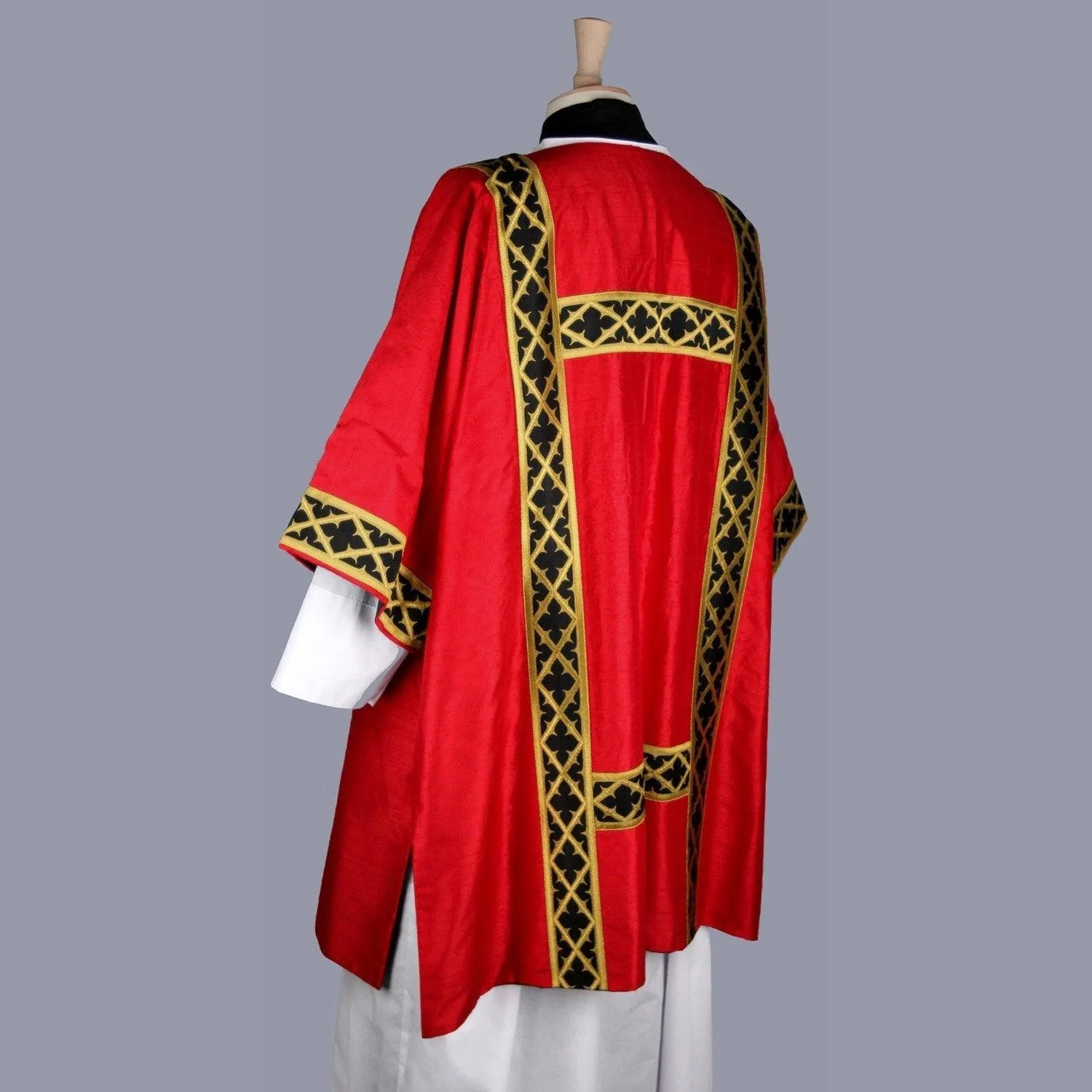 Gothic Dalmatic in Tartan Red Dupion Silk with Black/Gold 'Gothic Trellis' Orphreys