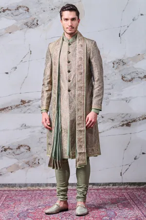 Green All Over Textured Brocade Sherwani