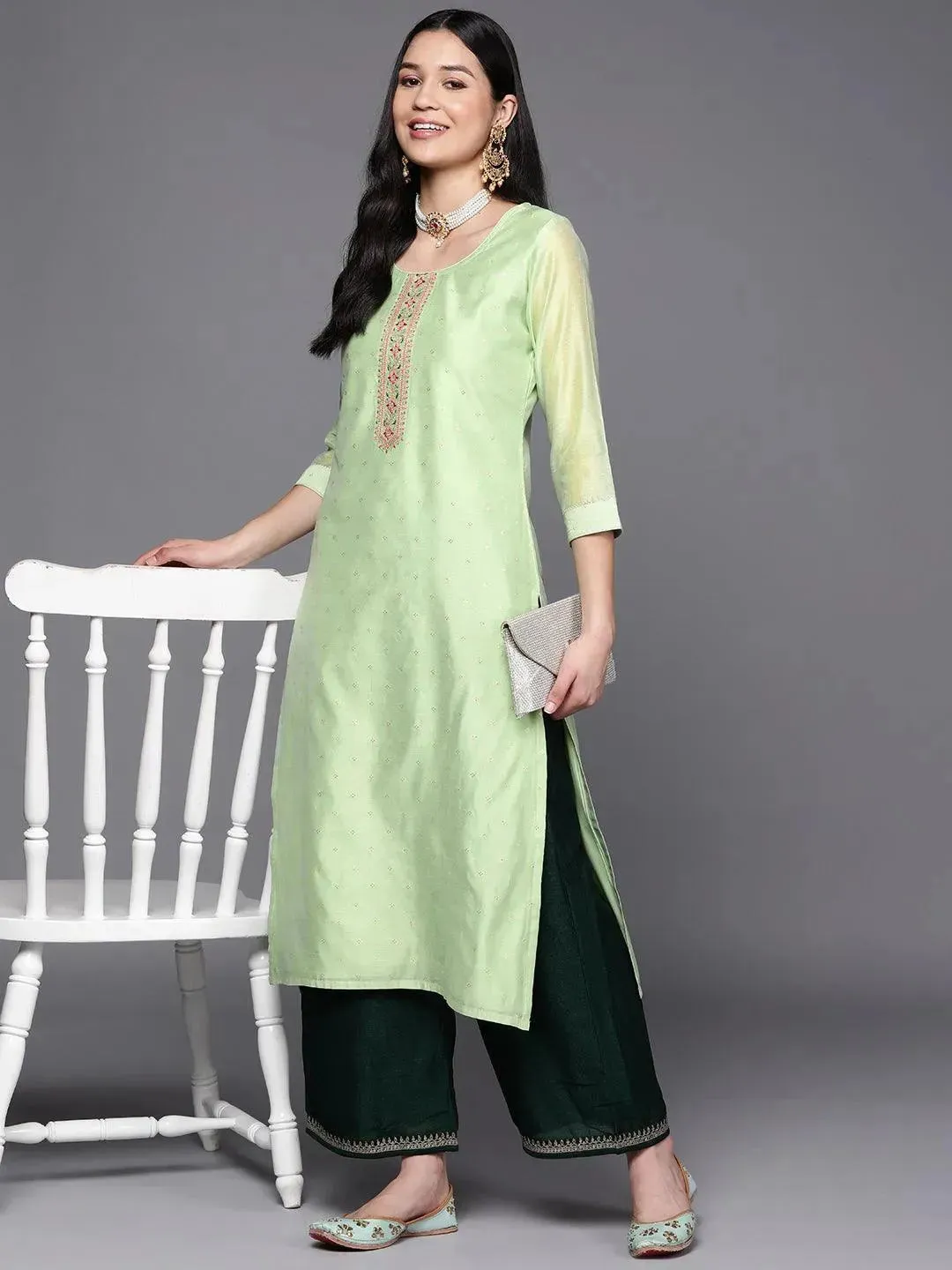 Green Embroidered Chanderi Silk Straight Kurta