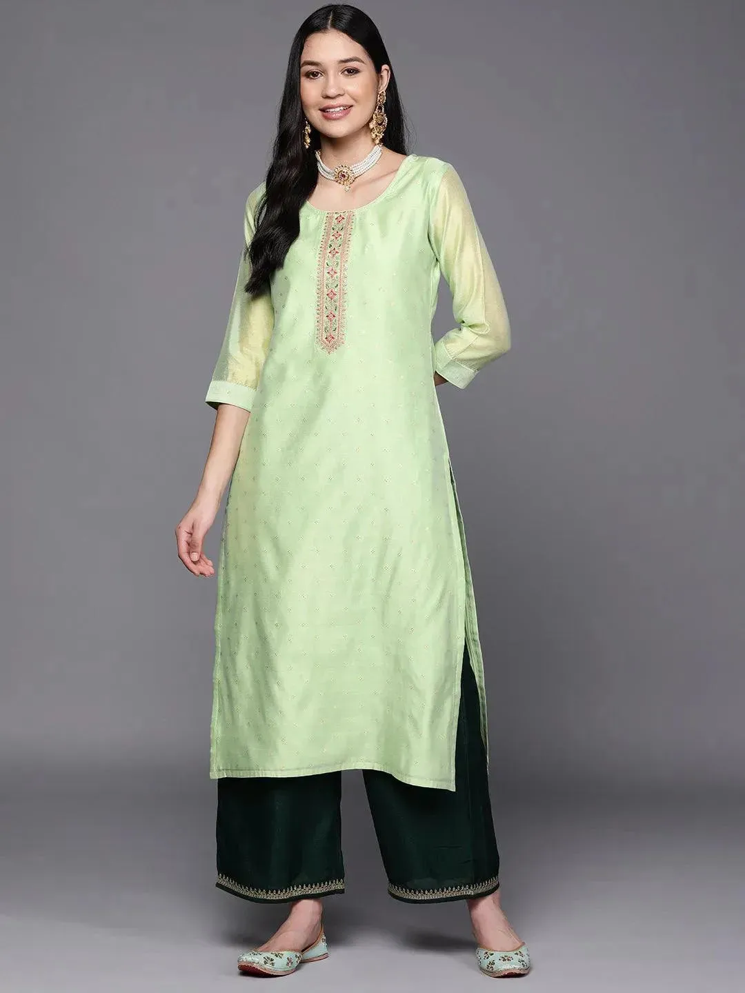 Green Embroidered Chanderi Silk Straight Kurta