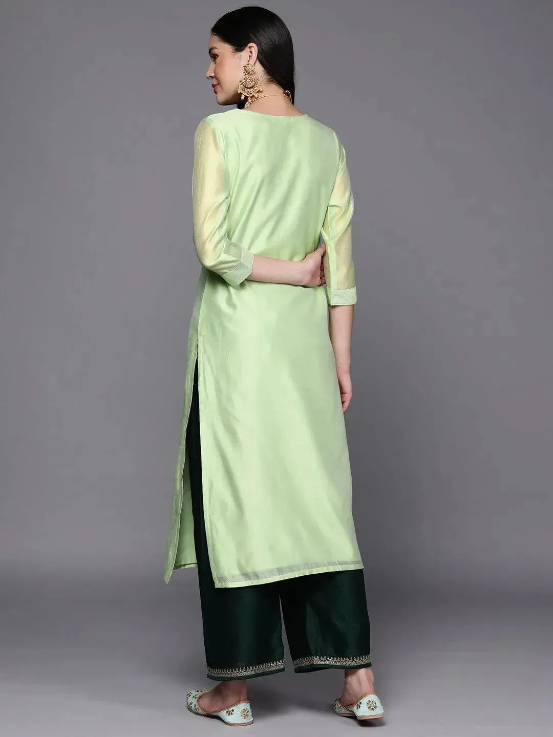 Green Embroidered Chanderi Silk Straight Kurta